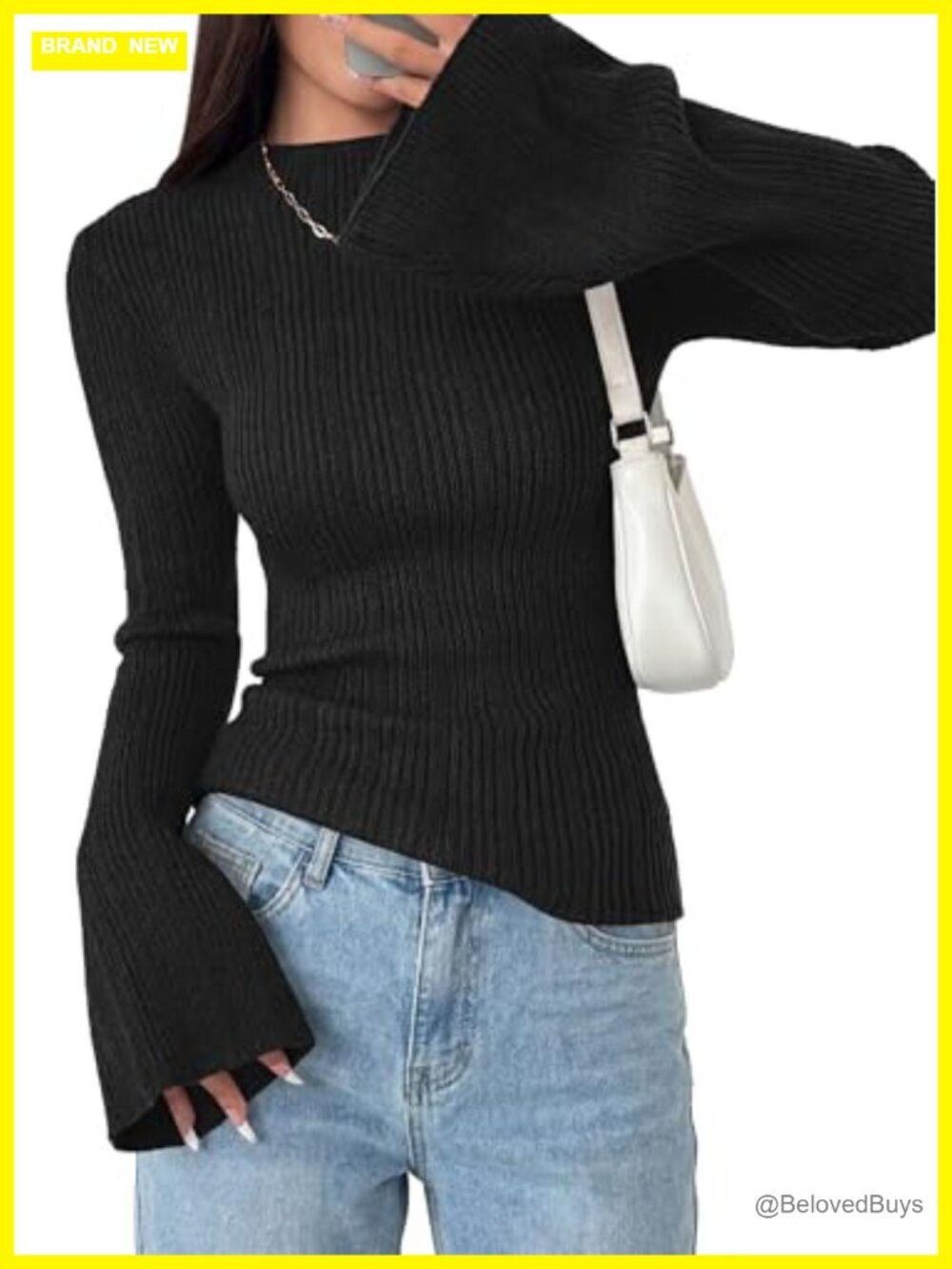 Ribbed Knit Bell Sleeve Mock Neck Pullover Sweater
